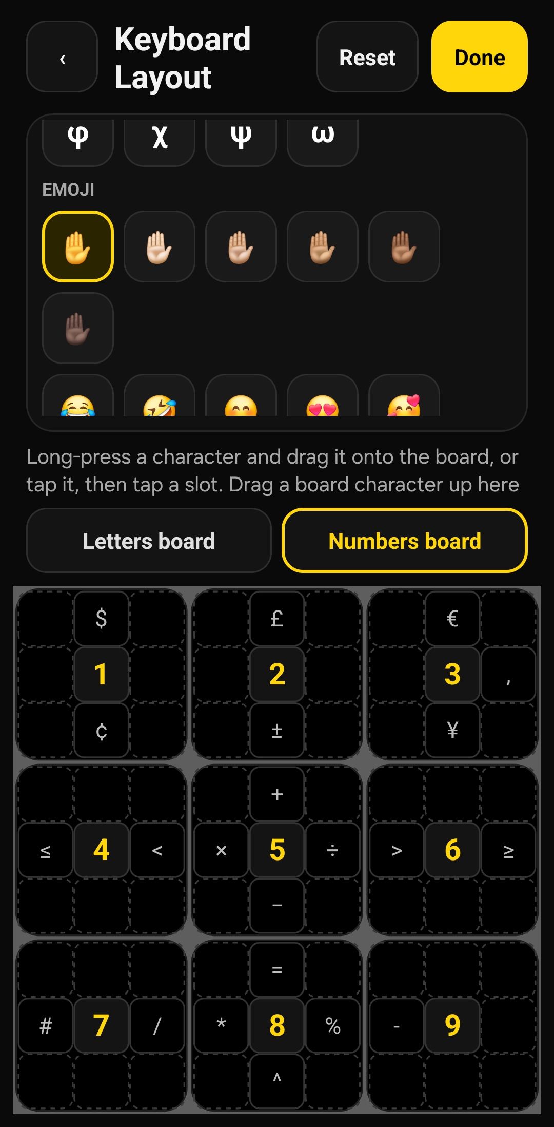 The layout editor: drag characters onto any key