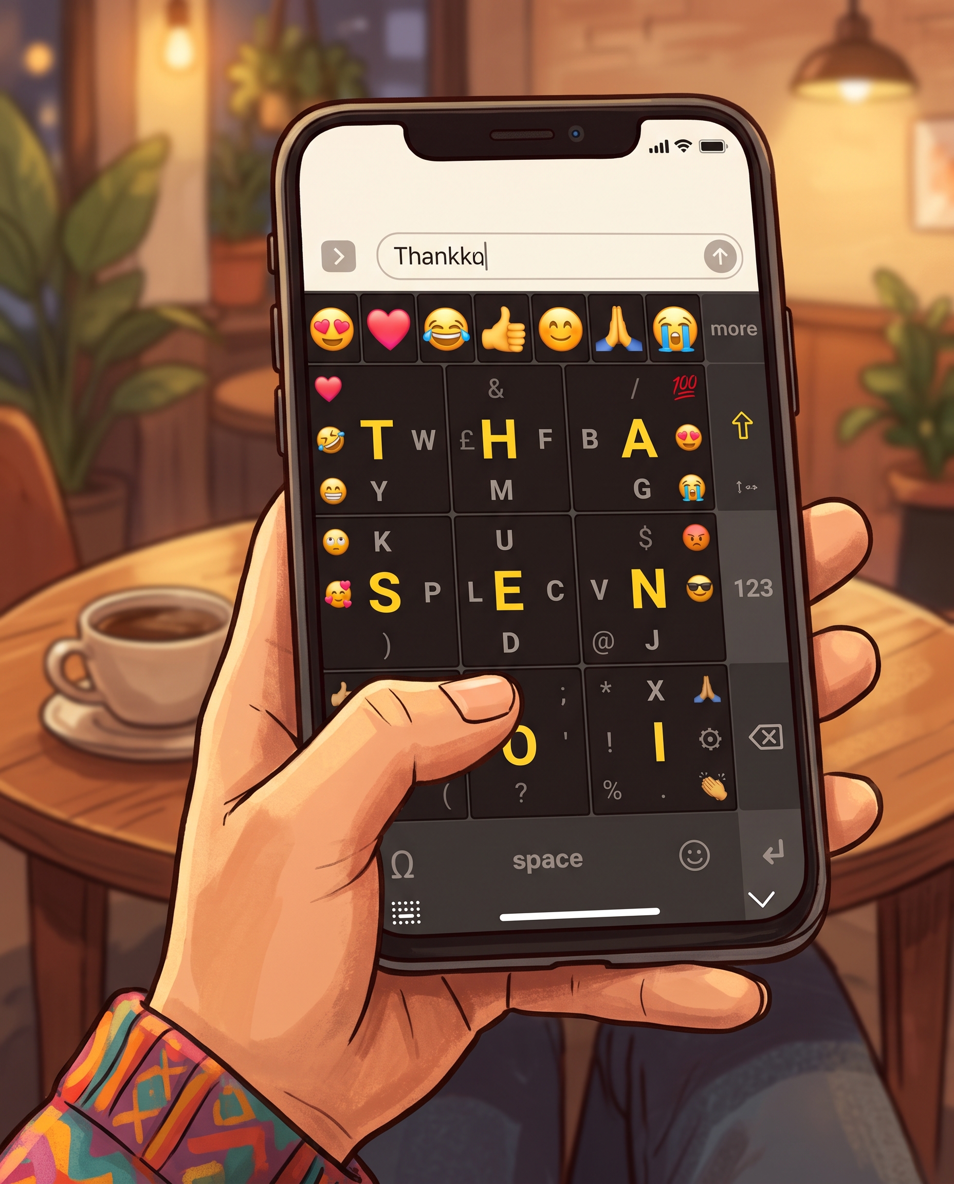 The Squirkey keyboard: nine square keys with yellow centre letters, a buttons column and a space bar